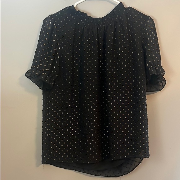 J. Crew Black and Gold Ruffleneck Top with Foil Clip Dot Size M - Picture 3 of 13